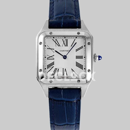 Replica Cartier Santos-Dumont White Dial in Steel on Blue Leather Strap |  Declock.