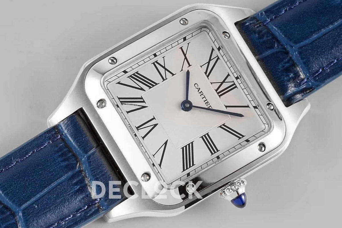 Replica Cartier Santos-Dumont White Dial in Steel on Blue Leather Strap |  Declock.