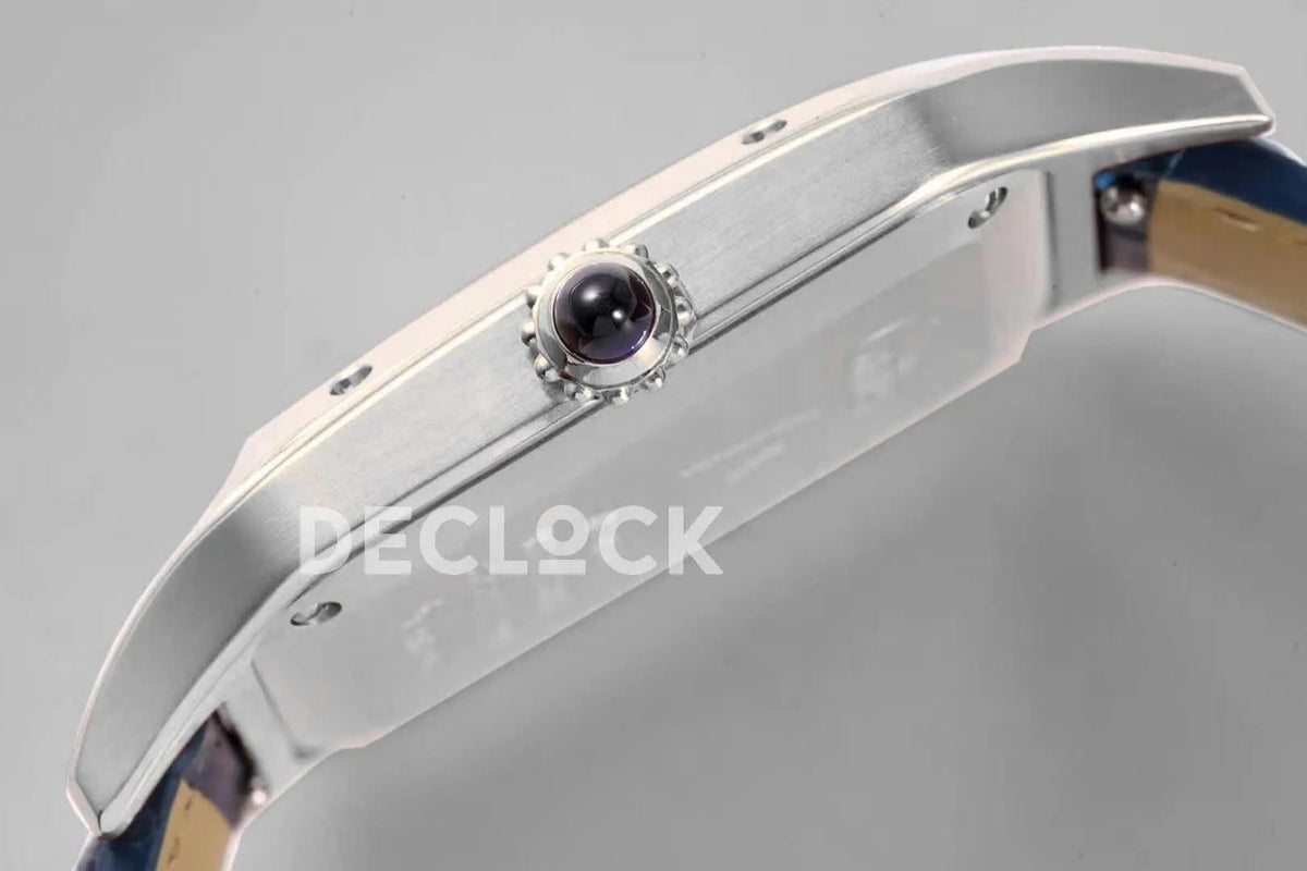 Replica Cartier Santos-Dumont White Dial in Steel on Blue Leather Strap |  Declock.