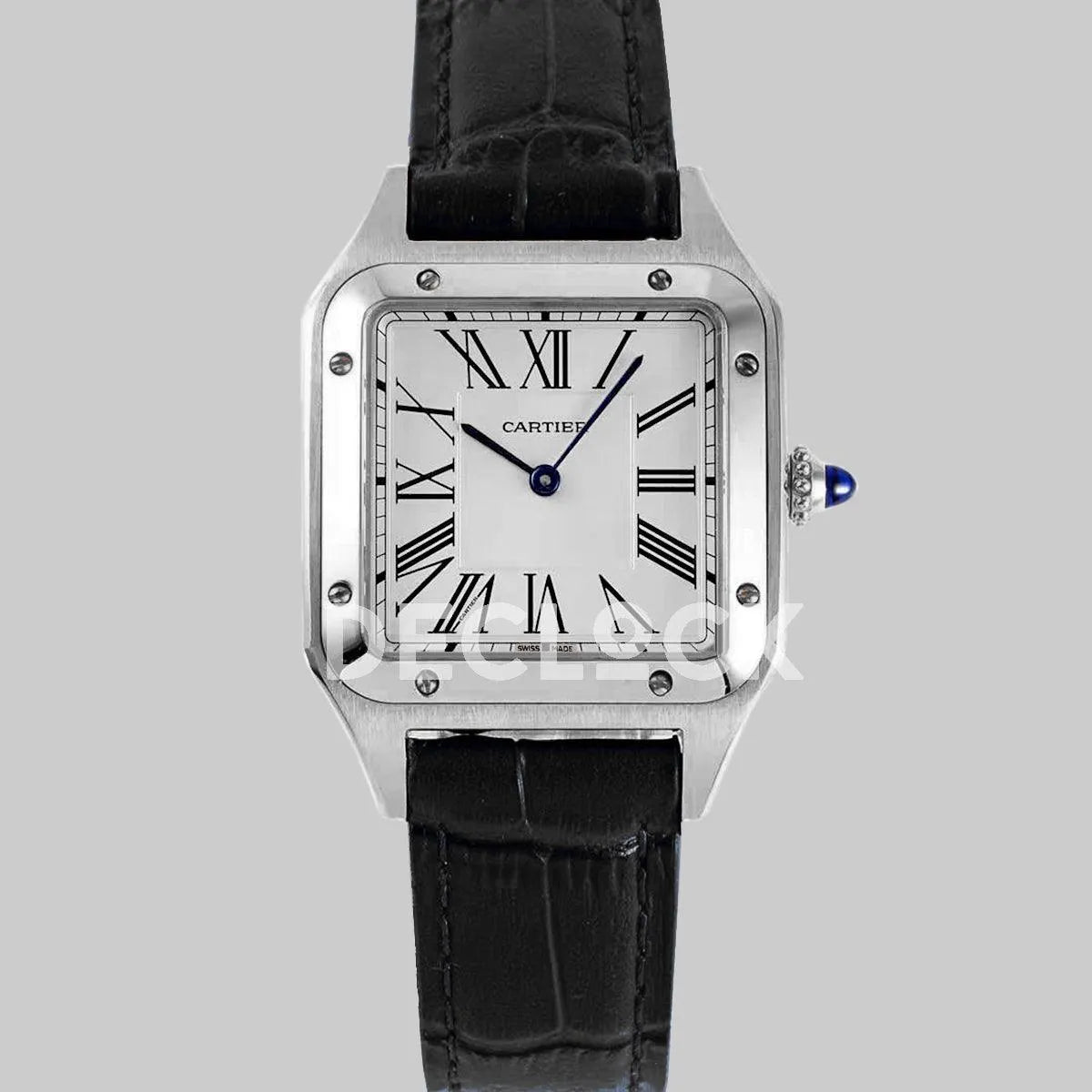 Replica Cartier Santos-Dumont XL White Dial in Rose Gold on Black Leather Strap - Replica Watches