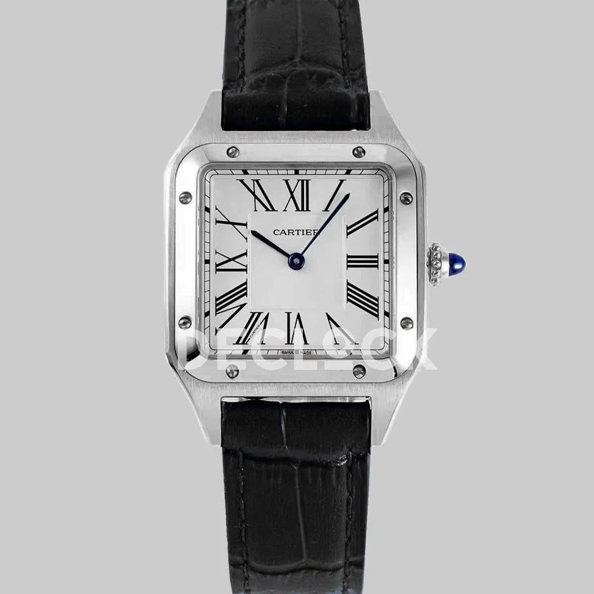 Replica Cartier Santos-Dumont XL White Dial in White Gold on Black Leather Strap |  Declock.