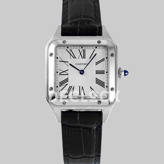 Replica Cartier Santos-Dumont XL White Dial in White Gold on Black Leather Strap |  Declock.