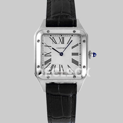 Replica Cartier Santos-Dumont XL White Dial in White Gold on Black Leather Strap