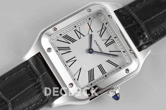 Replica Cartier Santos-Dumont XL White Dial in White Gold on Black Leather Strap | Declock.