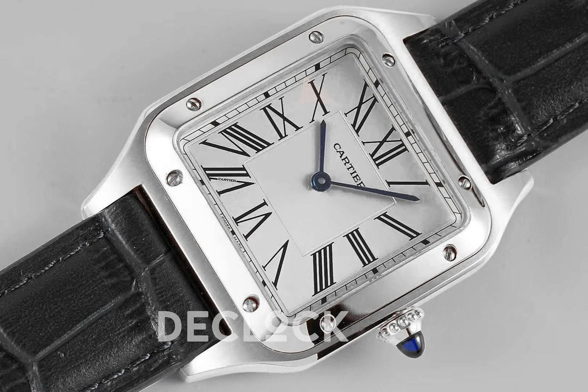 Replica Cartier Santos-Dumont XL White Dial in White Gold on Black Leather Strap |  Declock.