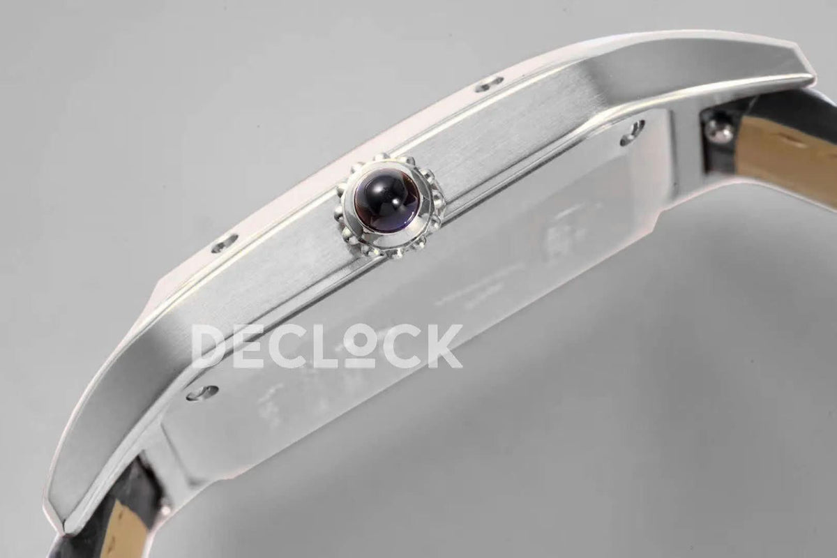 Replica Cartier Santos-Dumont XL White Dial in White Gold on Black Leather Strap |  Declock.
