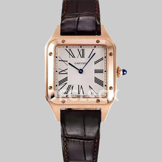 Replica Cartier Santos-Dumont XL White Dial in Rose Gold on Brown Leather Strap |  Declock.