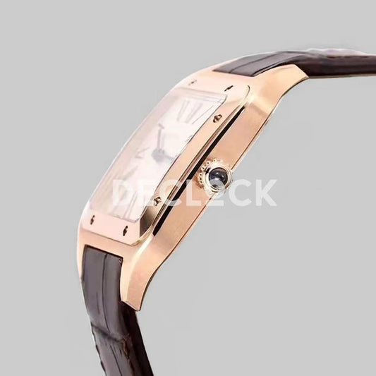 Replica Cartier Santos-Dumont XL White Dial in Rose Gold on Brown Leather Strap | Declock.