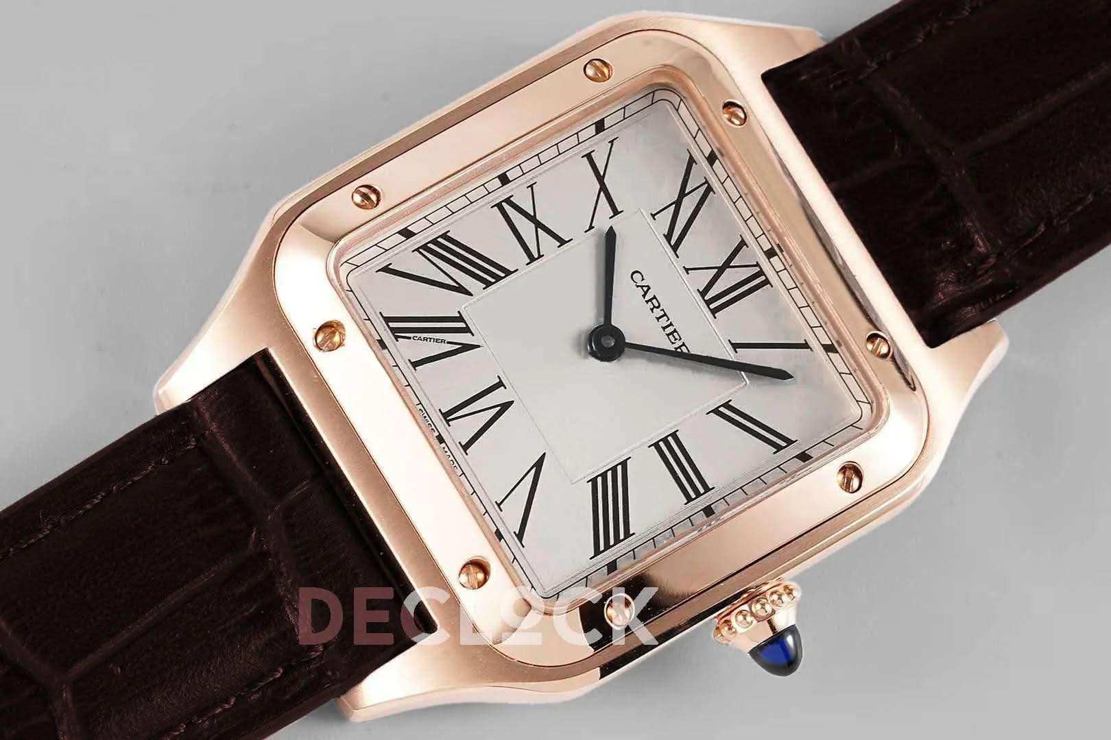 Replica Cartier Santos-Dumont XL White Dial in Rose Gold on Brown Leather Strap |  Declock.