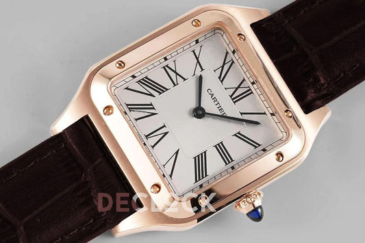 Replica Cartier Santos-Dumont XL White Dial in Rose Gold on Brown Leather Strap |  Declock.