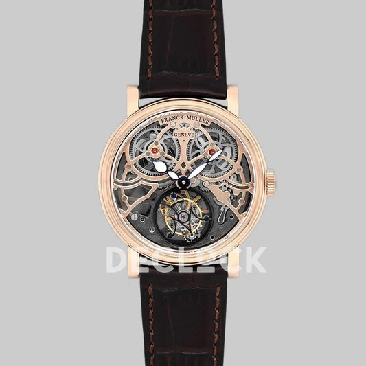 Replica Franck Muller Giga Tourbillon Round Skeleton in Rose Gold on Brown Leather Strap | Declock.