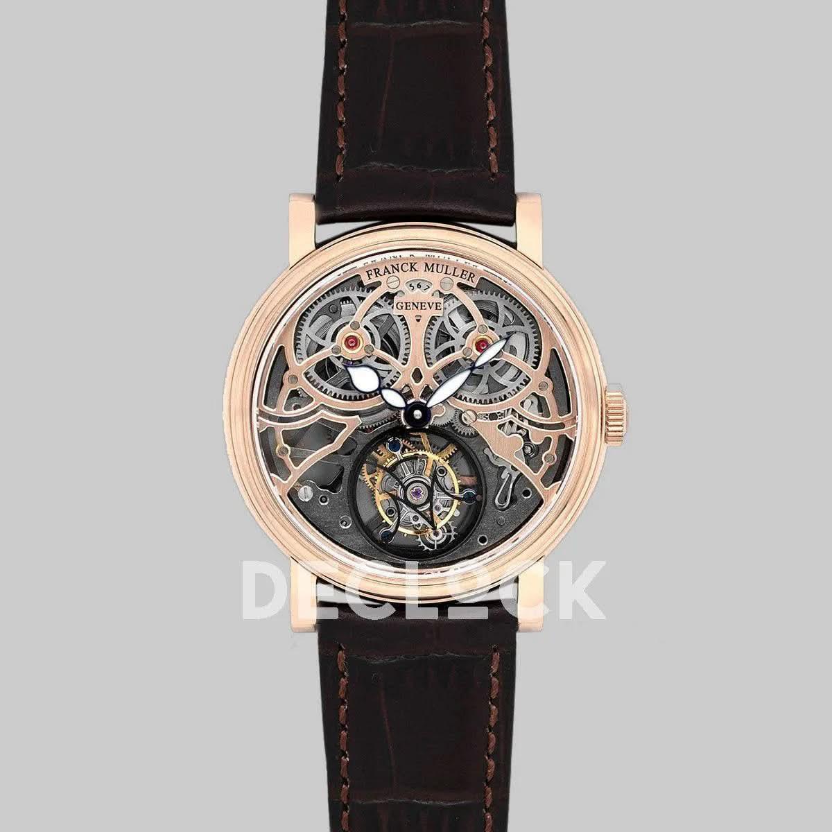 Replica Franck Muller Giga Tourbillon Round Skeleton in Rose Gold on Brown Leather Strap |  Declock.