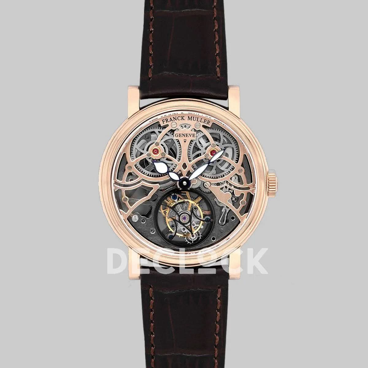Replica Franck Muller Giga Tourbillon Round Skeleton in Rose Gold on Brown Leather Strap