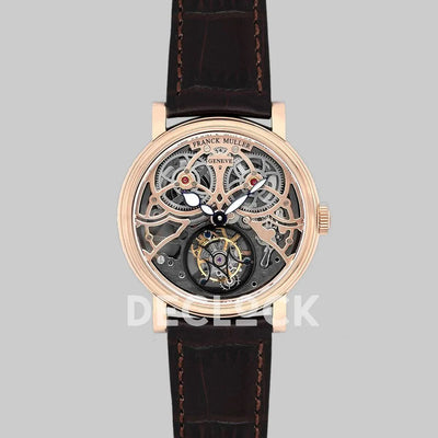 Replica Franck Muller Giga Tourbillon Round Skeleton in Rose Gold on Brown Leather Strap
