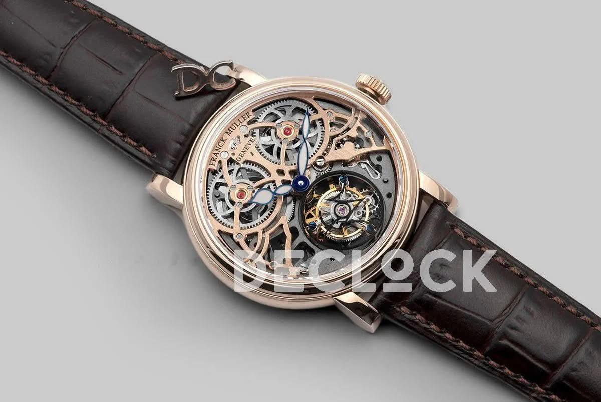 Replica Franck Muller Giga Tourbillon Round Skeleton in Rose Gold on Brown Leather Strap |  Declock.