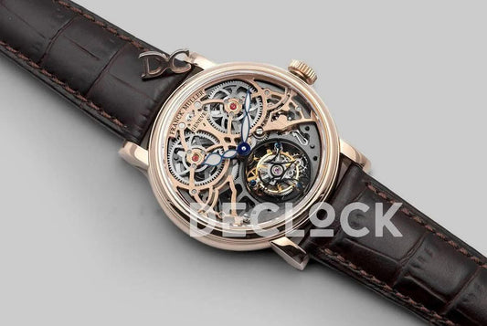 Replica Franck Muller Giga Tourbillon Round Skeleton in Rose Gold on Brown Leather Strap |  Declock.