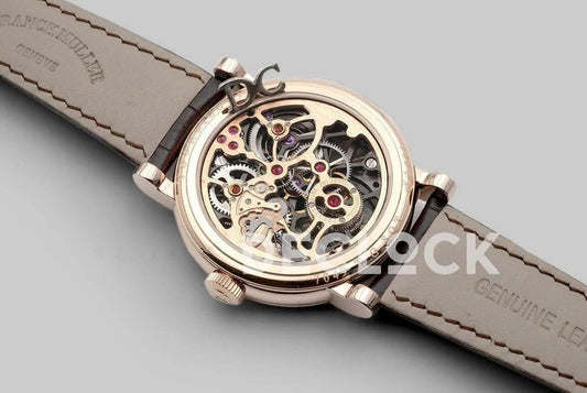 Replica Franck Muller Giga Tourbillon Round Skeleton in Rose Gold on Brown Leather Strap |  Declock.