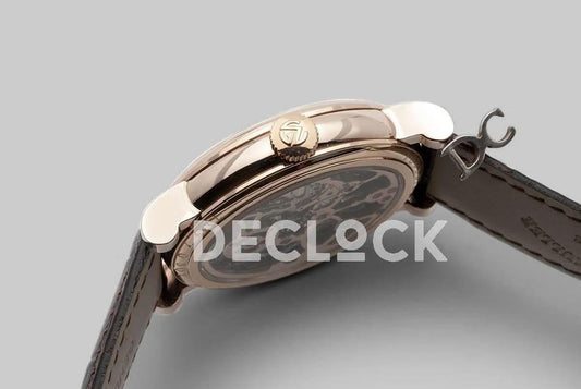 Replica Franck Muller Giga Tourbillon Round Skeleton in Rose Gold on Brown Leather Strap |  Declock.
