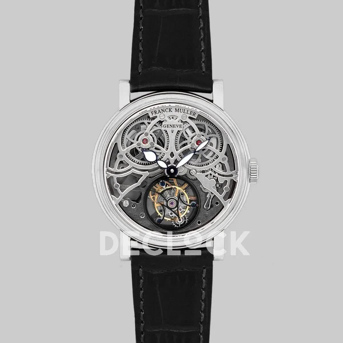 Replica Franck Muller Giga Tourbillon Round Skeleton in White Gold on Black Leather Strap |  Declock.