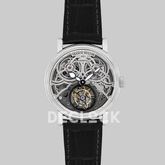 Replica Franck Muller Giga Tourbillon Round Skeleton in White Gold on Black Leather Strap |  Declock.