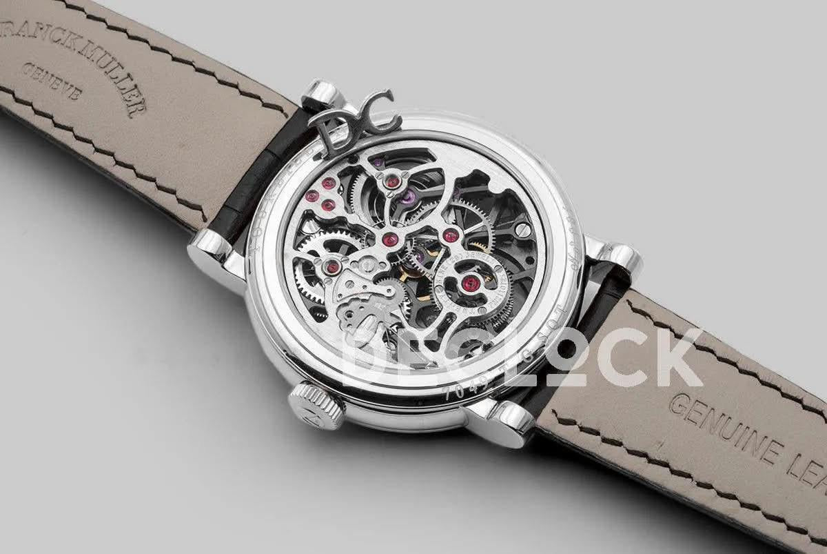 Replica Franck Muller Giga Tourbillon Round Skeleton in White Gold on Black Leather Strap |  Declock.