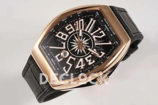 Replica Franck Muller Vanguard V45 Black Dial with White Index in Rose Gold |  Declock.