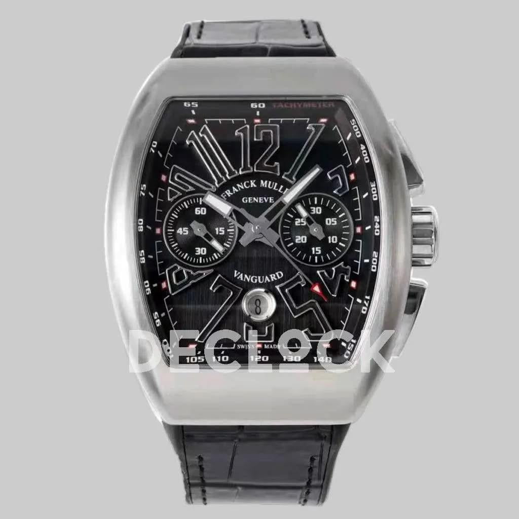 Replica Franck Muller Vanguard V45 Chronograph Black Dial with Black Marker in Steel on Leather Strap |  Declock.