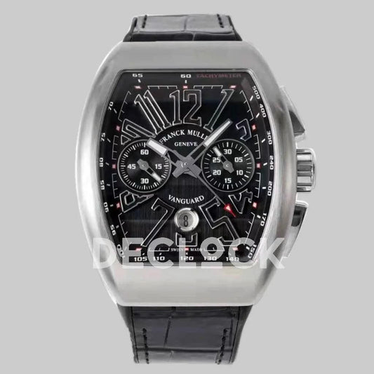 Replica Franck Muller Vanguard V45 Chronograph Black Dial with Black Marker in Steel on Leather Strap | Declock.