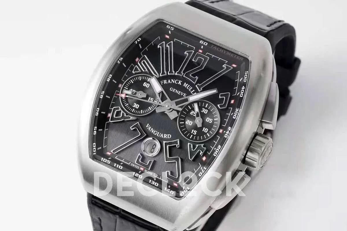 Replica Franck Muller Vanguard V45 Chronograph Black Dial with Black Marker in Steel on Leather Strap |  Declock.