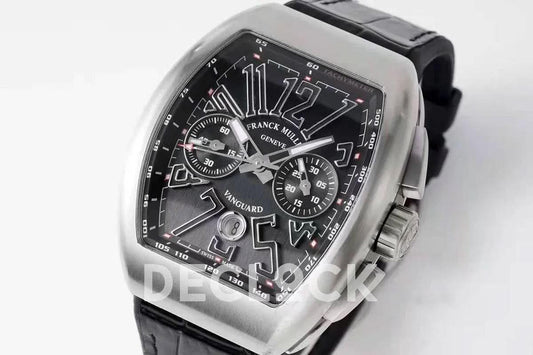 Replica Franck Muller Vanguard V45 Chronograph Black Dial with Black Marker in Steel on Leather Strap |  Declock.