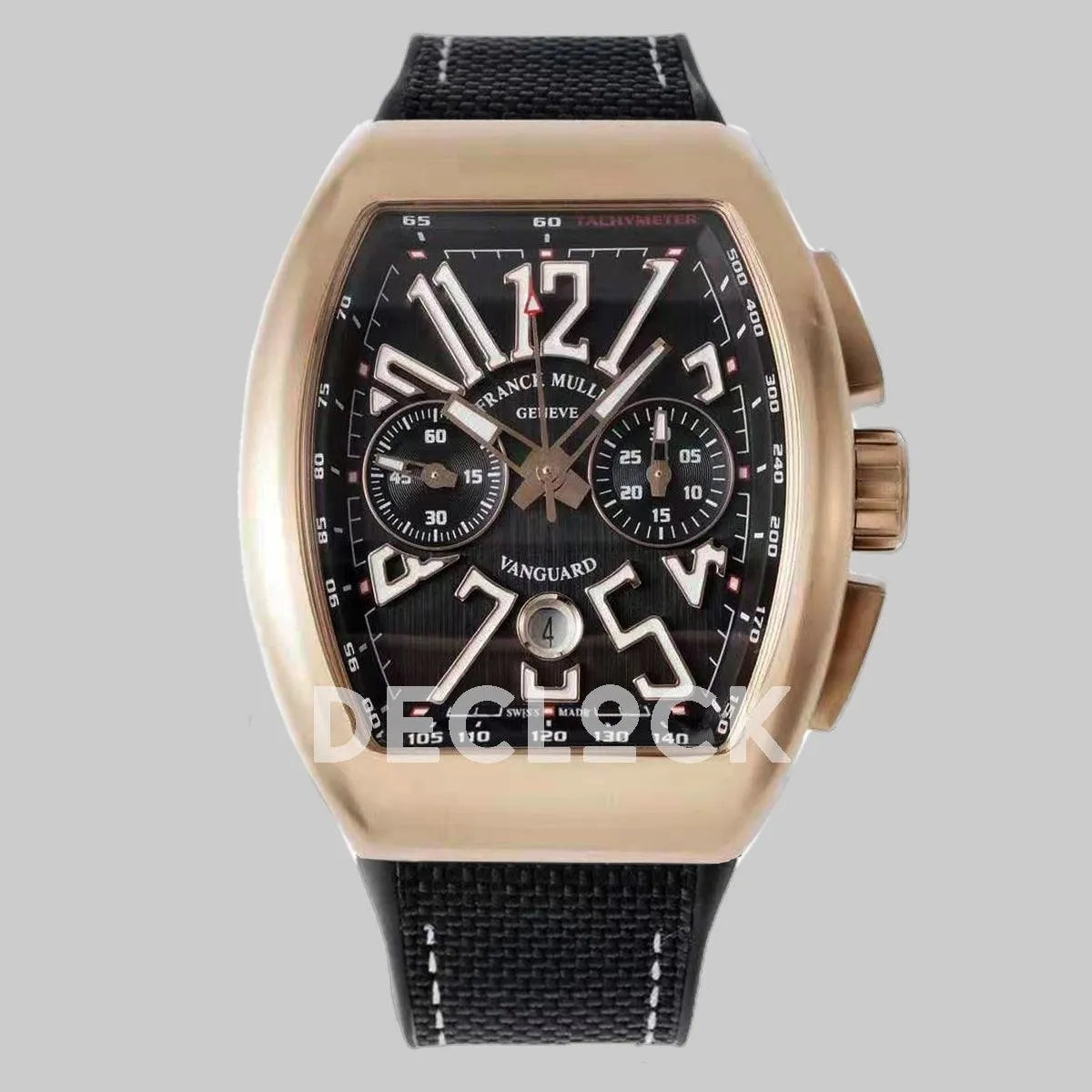 Replica Franck Muller Vanguard V45 Chronograph Black Dial with White Marker in Rose Gold on Nylon Strap - Replica Watches