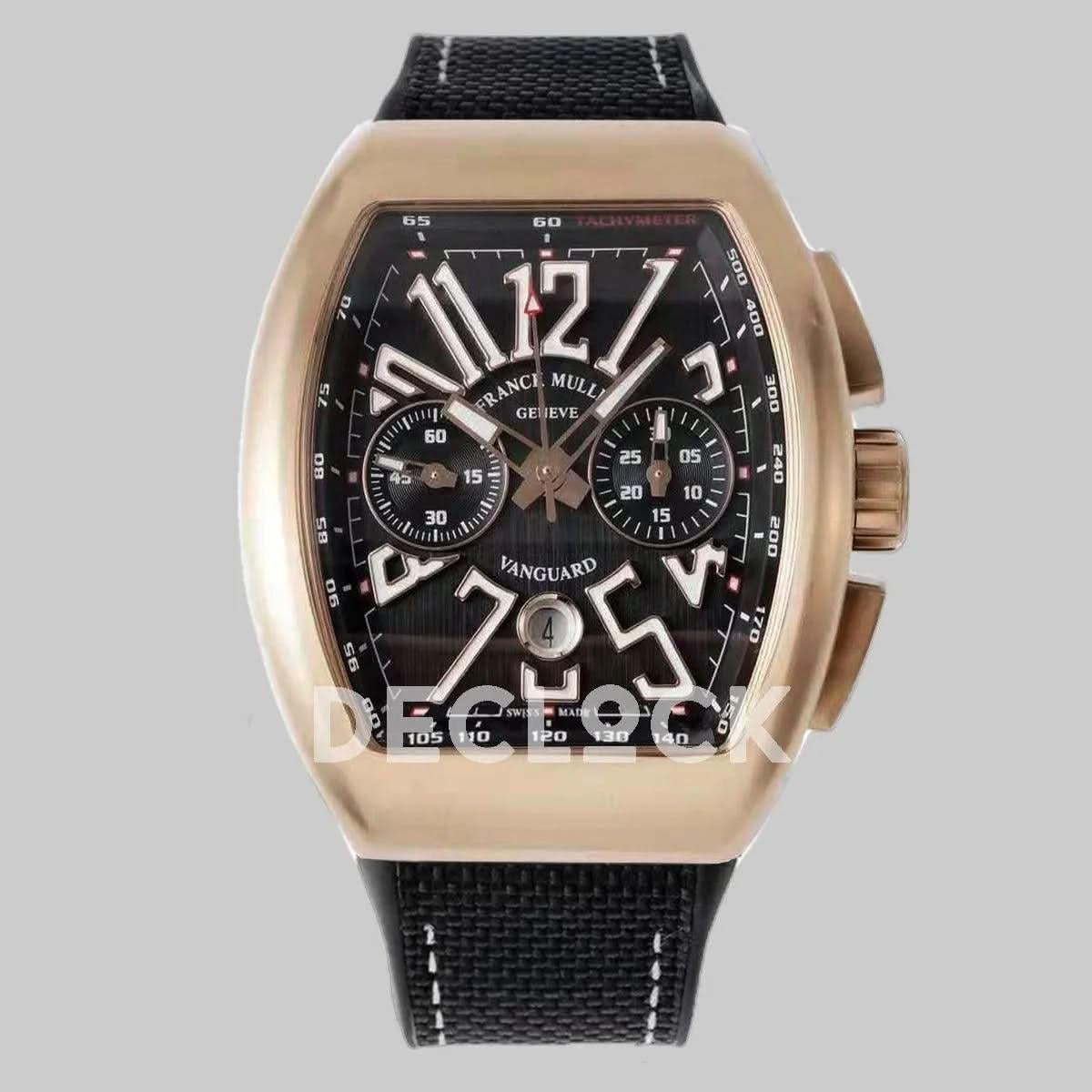 Replica Franck Muller Vanguard V45 Chronograph Black Dial with White Marker in Rose Gold on Nylon Strap |  Declock.