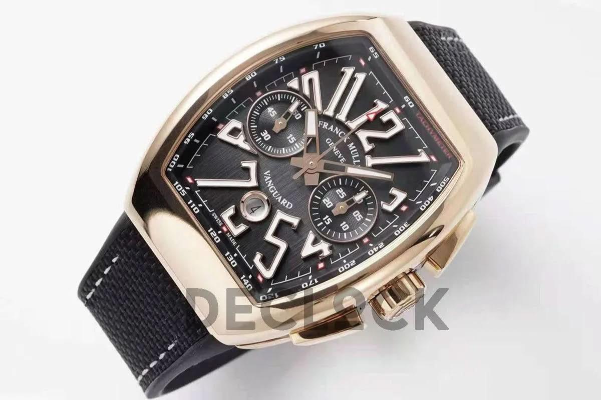 Replica Franck Muller Vanguard V45 Chronograph Black Dial with White Marker in Rose Gold on Nylon Strap |  Declock.