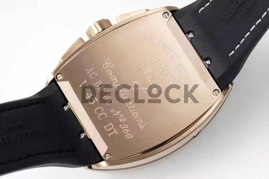 Replica Franck Muller Vanguard V45 Chronograph Black Dial with White Marker in Rose Gold on Nylon Strap |  Declock.