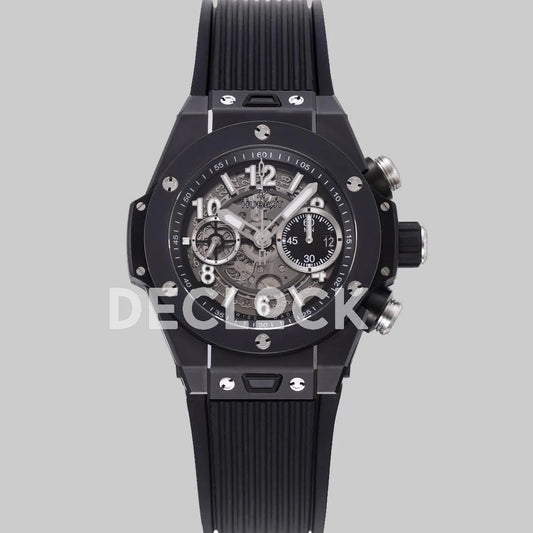 Replica Hublot Big Bang Unico Black Ceramic Skeleton Dial on Black Rubber Strap