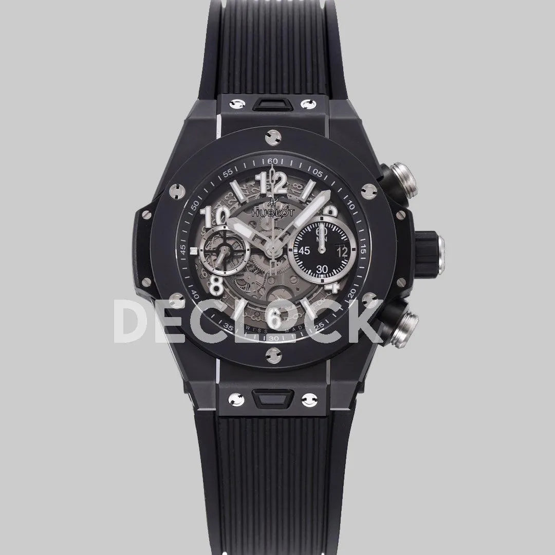 Replica Hublot Big Bang Unico Black Ceramic Skeleton Dial on Black Rubber Strap