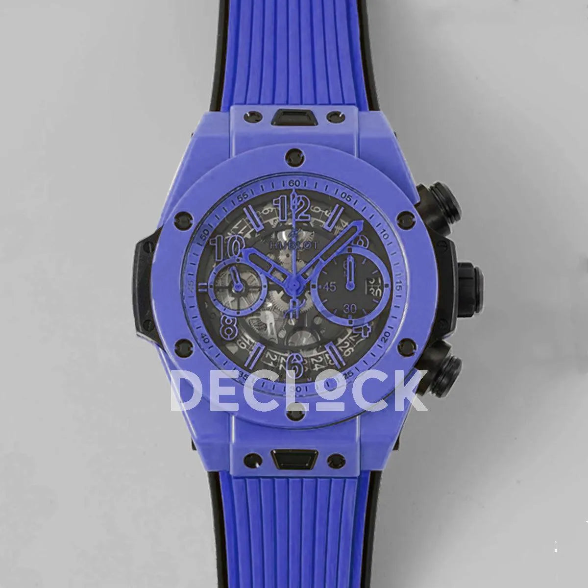 Replica Hublot Big Bang Unico Blue Magic Ceramic Skeleton Dial on Blue Rubber Strap