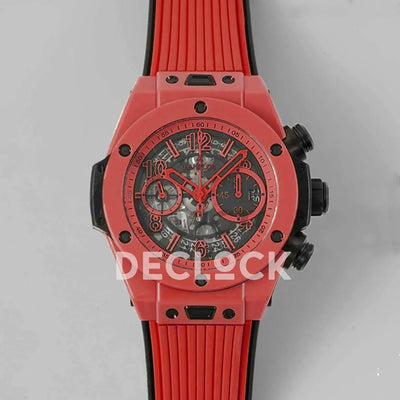 Replica Hublot Big Bang Unico Red Magic Ceramic Skeleton Dial on Blue Rubber Strap