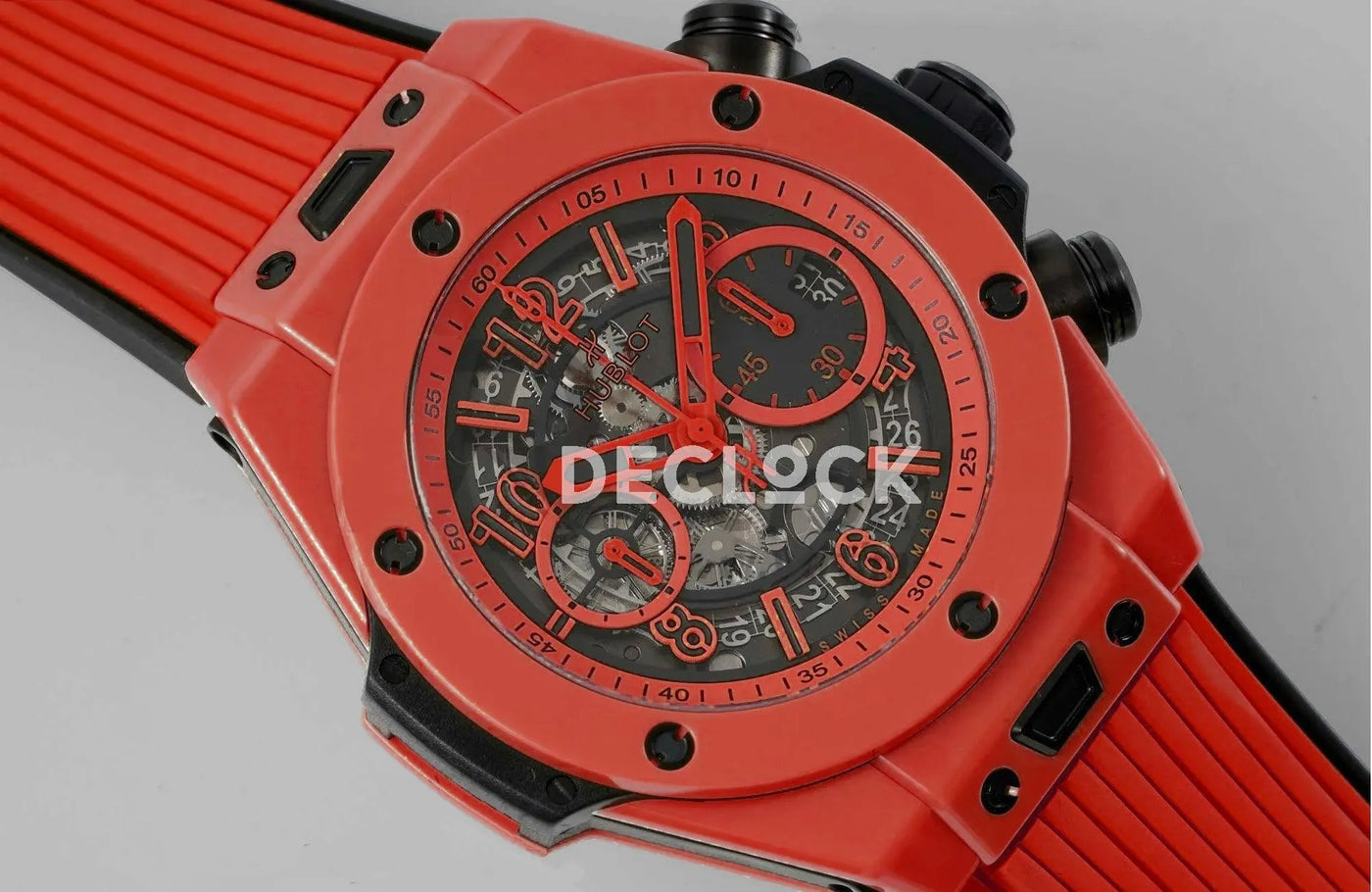 Replica Hublot Big Bang Unico Red Magic Ceramic Skeleton Dial on Blue Rubber Strap