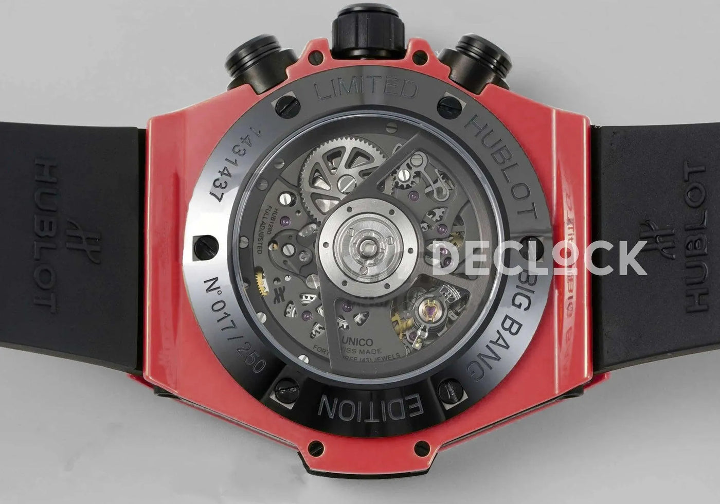 Replica Hublot Big Bang Unico Red Magic Ceramic Skeleton Dial on Blue Rubber Strap