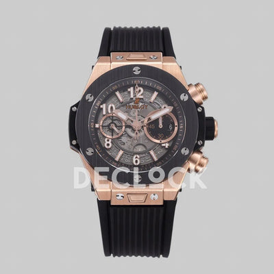Replica Hublot Big Bang Unico Rose Gold Black Ceramic Bezel on Black Rubber Strap