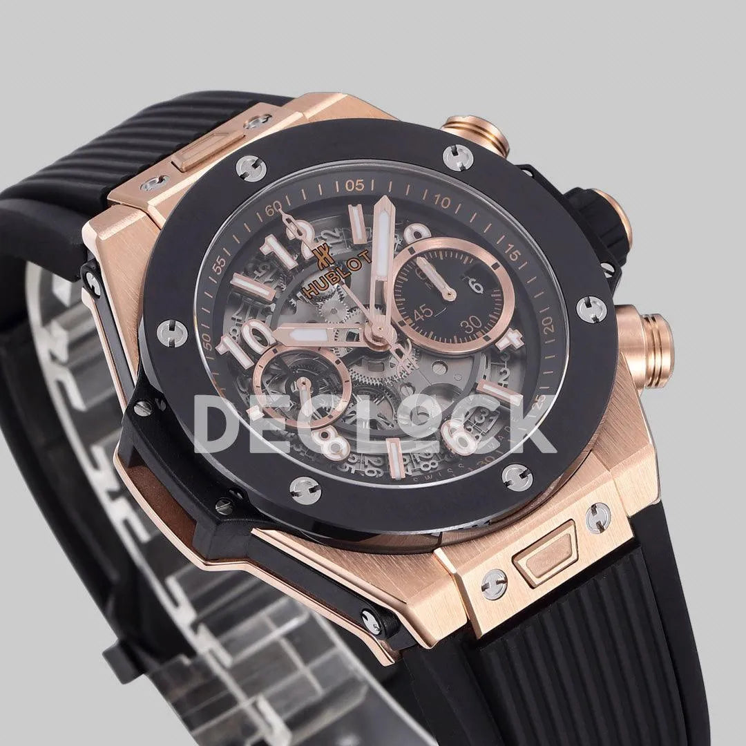 Replica Hublot Big Bang Unico Rose Gold Black Ceramic Bezel on Black Rubber Strap