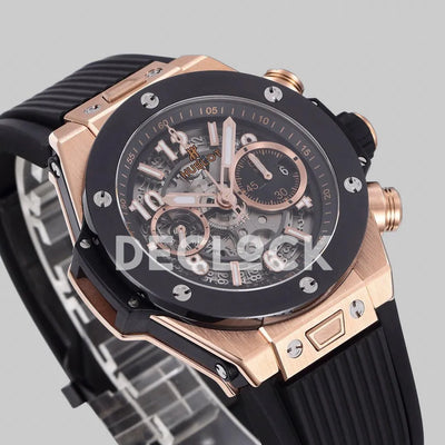 Replica Hublot Big Bang Unico Rose Gold Black Ceramic Bezel on Black Rubber Strap