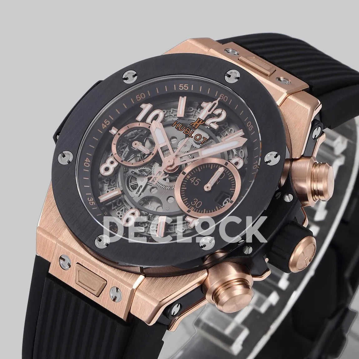 Replica Hublot Big Bang Unico Rose Gold Black Ceramic Bezel on Black Rubber Strap