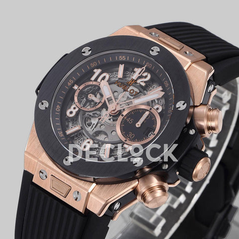 Replica Hublot Big Bang Unico Rose Gold Black Ceramic Bezel on Black Rubber Strap - Replica Watches