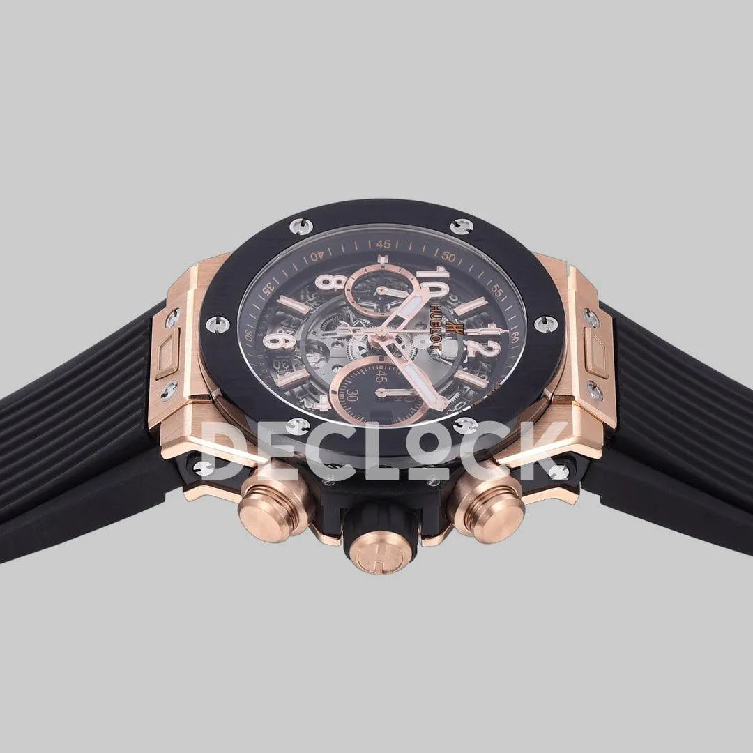 Replica Hublot Big Bang Unico Rose Gold Black Ceramic Bezel on Black Rubber Strap