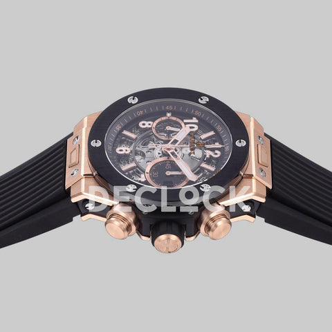 Replica Hublot Big Bang Unico Rose Gold Black Ceramic Bezel on Black Rubber Strap - Replica Watches