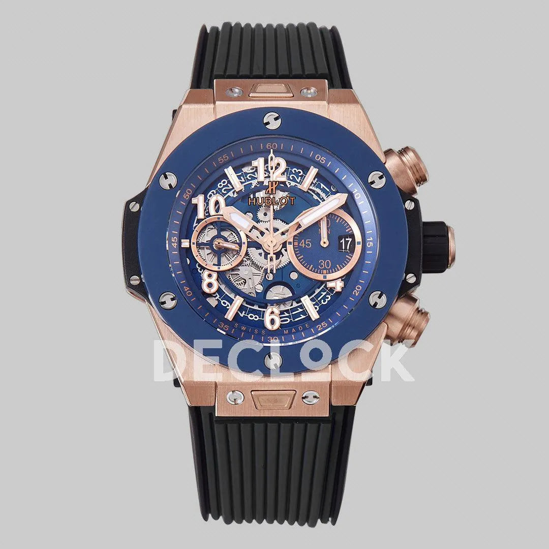 Replica Hublot Big Bang Unico Rose Gold Blue Ceramic Bezel on Black Rubber Strap