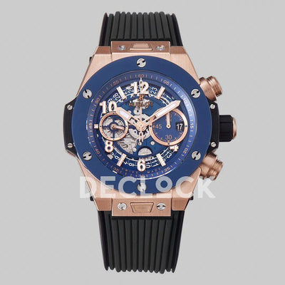 Replica Hublot Big Bang Unico Rose Gold Blue Ceramic Bezel on Black Rubber Strap