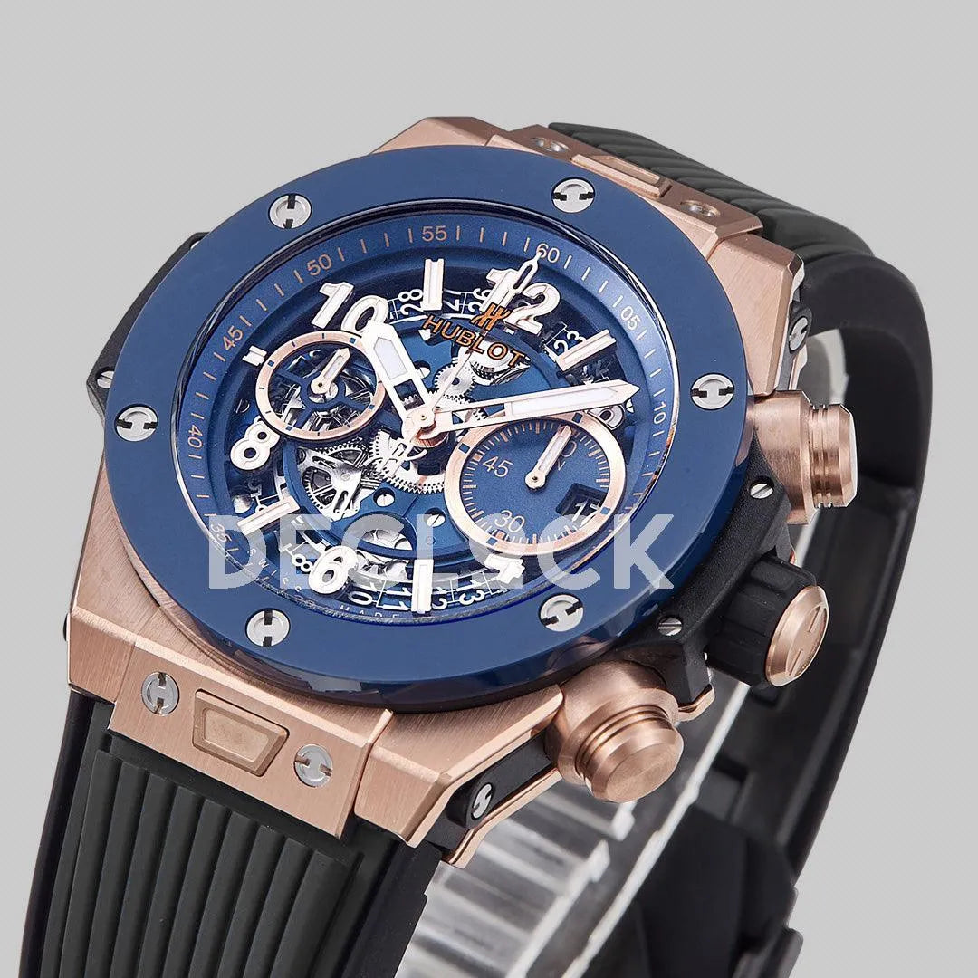 Replica Hublot Big Bang Unico Rose Gold Blue Ceramic Bezel on Black Rubber Strap